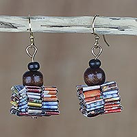Recycled paper and wood dangle earrings, 'Pampam Store' - Handcrafted Recycled Paper and Wood Dangle Earrings
