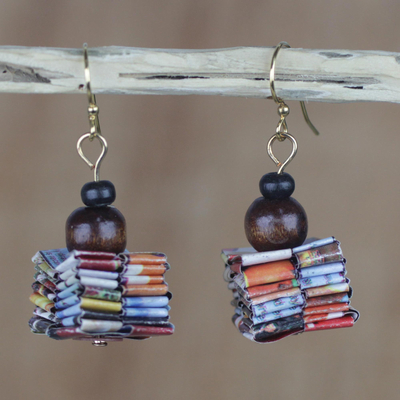 Recycled paper and wood dangle earrings, 'Pampam Store' - Handcrafted Recycled Paper and Wood Dangle Earrings