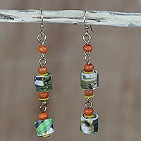 Recycled paper and wood dangle earrings, 'Akosombo Light' - Handcrafted Recycled Paper and Sese Wood Dangle Earrings