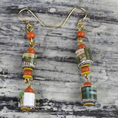 Recycled paper and wood dangle earrings, 'Akosombo Light' - Handcrafted Recycled Paper and Sese Wood Dangle Earrings