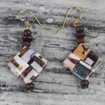 Recycled paper and wood dangle earrings, 'Maize and Peanuts' - Recycled Paper and Sese Wood Dangle Earrings from Ghana