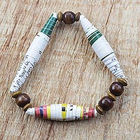 Recycled paper and wood beaded stretch bracelet, Me and the World