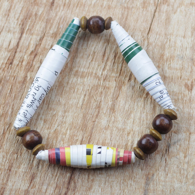 Recycled paper and wood beaded stretch bracelet, 'Me and the World' - Recycled Paper and Sese Wood Beaded Stretch Bracelet