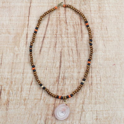 Recycled paper and wood beaded pendant necklace, 'Eco-Friendly Glory' - Recycled Paper and Sese Wood Necklace Crafted in Ghana