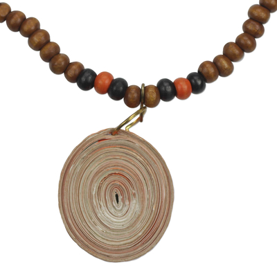 Recycled paper and wood beaded pendant necklace, 'Eco-Friendly Glory' - Recycled Paper and Sese Wood Necklace Crafted in Ghana