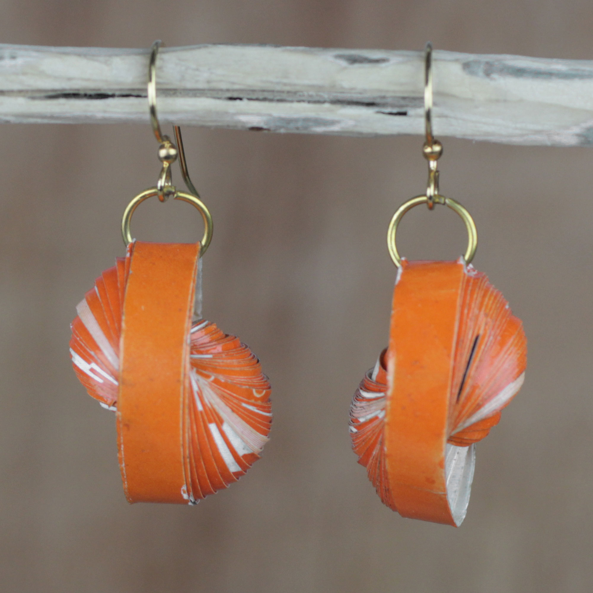 Ethnic brown and orange pattern round wood bead dangle earrings
