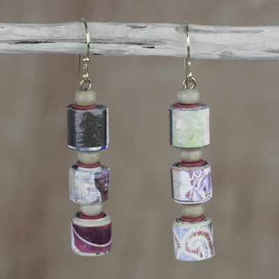 Recycled paper and wood dangle earrings, 'Naa Araa Royalty' - Recycled Paper and Sese Wood Dangle Earrings from Ghana