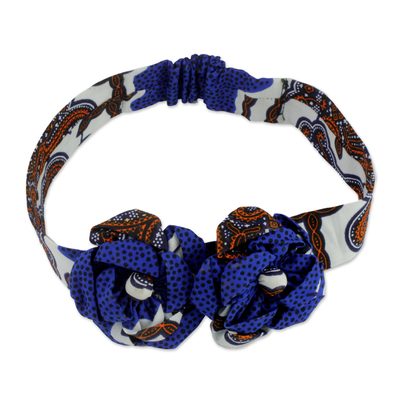 Baumwollstirnband, 'Blühender Garten'. - Baumwollstirnband mit Blumen in Blau und Orange