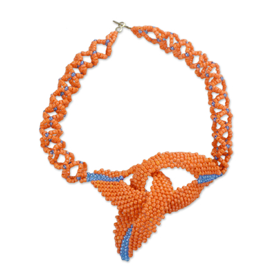 Upcycled orange sorbet statement necklace featuring recycled thread earrings  funky orange necklace