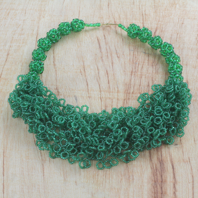 Recycled glass beaded statement necklace, 'Splendid Leader' - Emerald Green Recycled Beaded Glass Statement Necklace