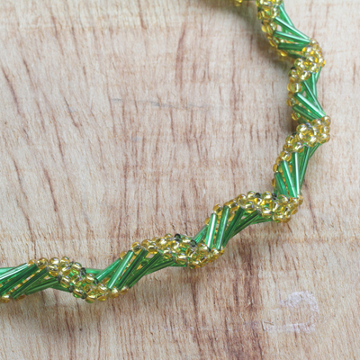 Recycled glass beaded statement necklace, 'Splendid Fortune' - Green and Gold Recycled Beaded Glass Statement Necklace