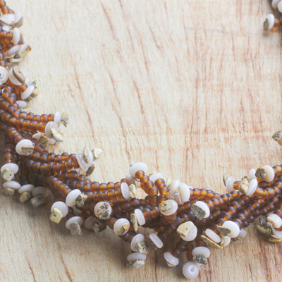 Recycled glass beaded statement necklace, 'Splendid Luck' - Chocolate and Tan Recycled Beaded Glass Statement Necklace