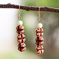 Coconut shell dangle earrings, 'Natural Cross' - Handcrafted Coconut Shell Dangle Cross Earrings from Ghana