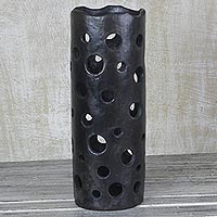 Ceramic decorative vase, 'Midnight Meteorite' - Industrial Ceramic Abstract Black Cylinder Vase from Ghana