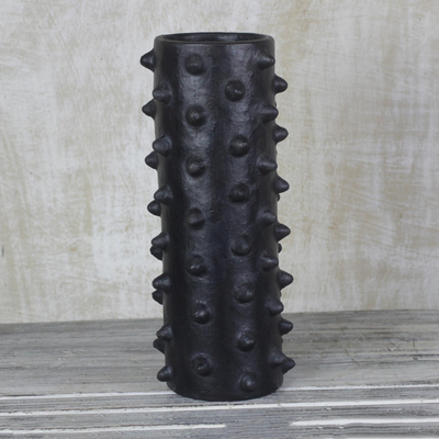 Ceramic decorative vase, 'Abstract Cactus' - Industrial Abstract Ceramic Black Cylinder Vase from Ghana
