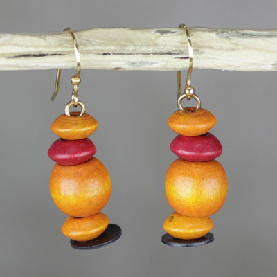 Wood beaded dangle earrings, 'Seaside Pebbles' - Sese Wood Beaded Dangle Earrings from Ghana