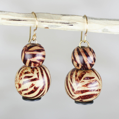 Wood and recycled plastic dangle earrings, Zebra Allure