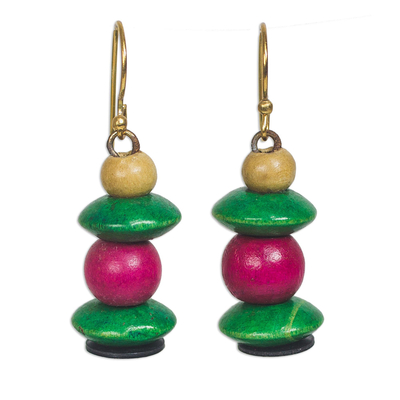 Wood and recycled plastic dangle earrings, 'Raspberry Bush' - Pink and Green Stacked Sese Wood Beaded Dangle Earrings