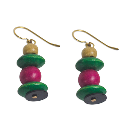 Wood and recycled plastic dangle earrings, 'Raspberry Bush' - Pink and Green Stacked Sese Wood Beaded Dangle Earrings