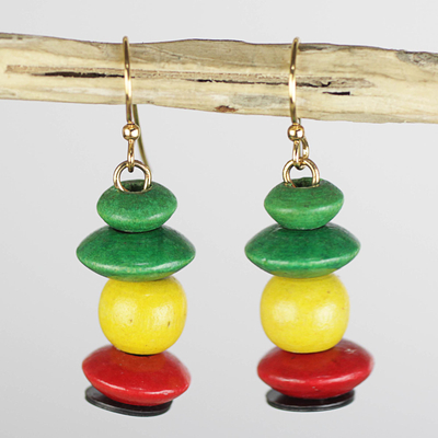 Wood and recycled plastic beaded dangle earrings, 'Boho Life' - Yellow Green and Red Sese Wood Boho Dangle Earrings