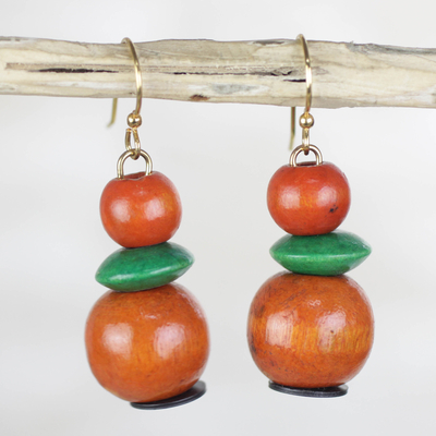 Pendientes colgantes de madera - Aretes colgantes con cuentas de madera de sesé apiladas en verde y naranja