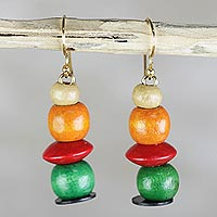 Wood dangle earrings, 'Candy Columns' - Orange Red and Green Sese Wood Candy Columns Dangle Earrings