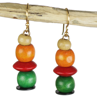 Wood dangle earrings, 'Candy Columns' - Orange Red and Green Sese Wood Candy Columns Dangle Earrings