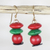 Wood dangle earrings, 'Boho Pebbles' - Red and Green Stacked Sese Wood Beaded Dangle Earrings