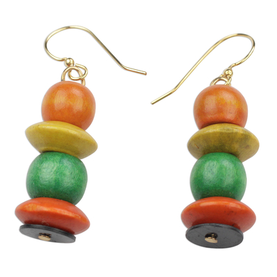 Wood and recycled plastic dangle earrings, 'Tropical Grove' - Orange Yellow and Green Sese Wood Beaded Dangle Earrings