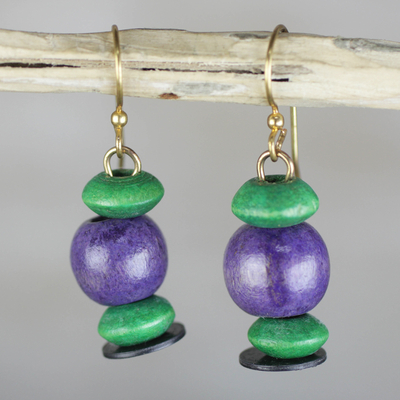 Wood dangle earrings, 'Grape Vineyard' - Purple and Green Sese Wood Beaded Dangle Earrings