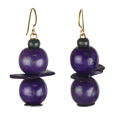 Wood and coconut shell dangle earrings, 'Grape Harvest' - Purple Sese Wood Coconut Shell Stacked Dangle Earrings
