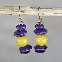 Wood dangle earrings, 'Stacks of Pebbles' - Yellow and Purple Sese Wood Pebbles Beaded Dangle Earrings