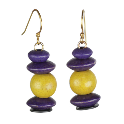 Wood dangle earrings, 'Stacks of Pebbles' - Yellow and Purple Sese Wood Pebbles Beaded Dangle Earrings