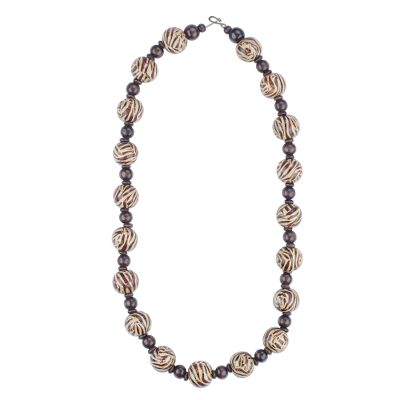 Wood beaded necklace, 'Tiger Chic' - Solid and Brown Striped Round Wood Bead Long Necklace