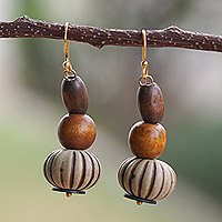 Wood and recycled plastic dangle earrings, 'Bohemian Goddess' - Sese Wood and Recycled Plastic Dangle Beaded Earrings