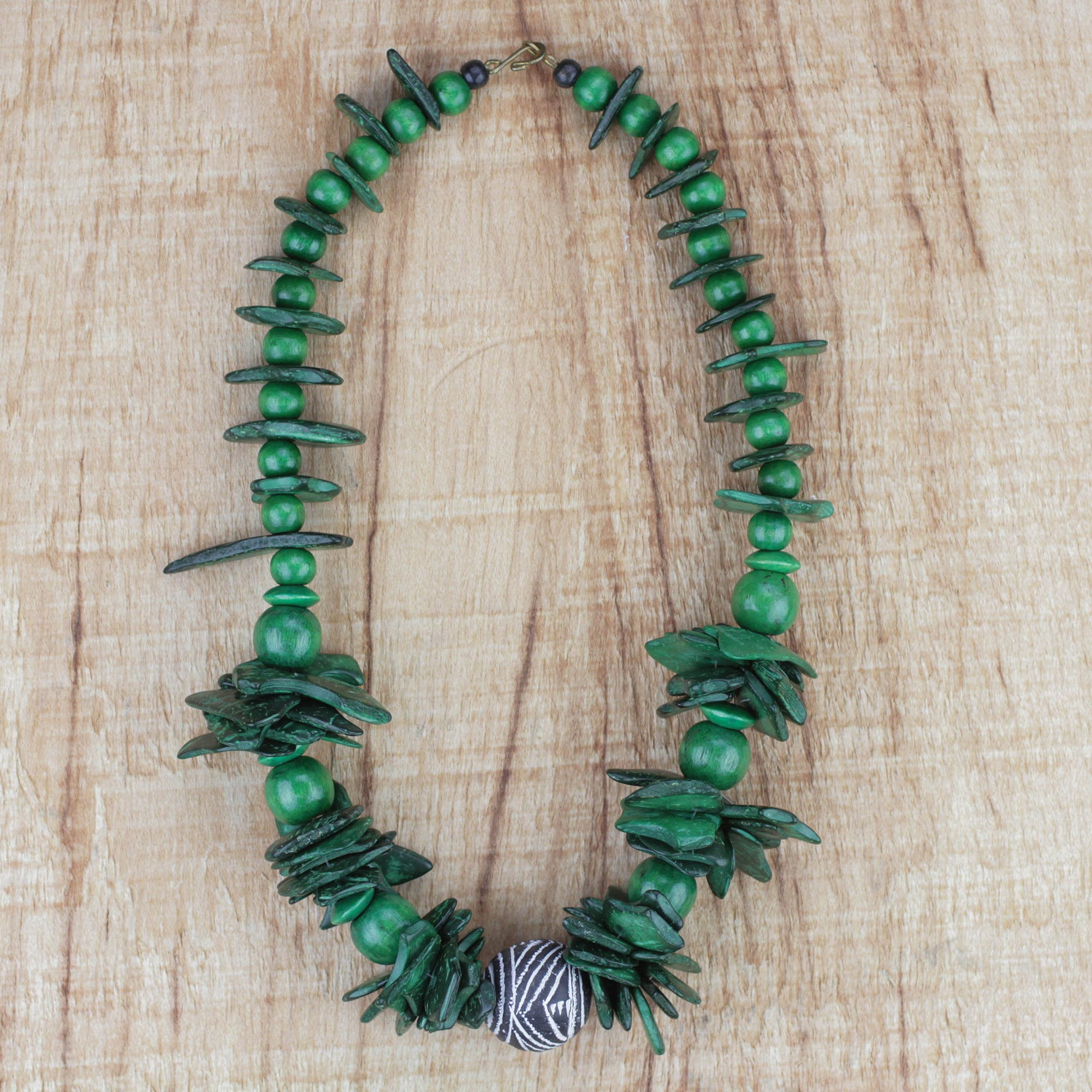 Green Coconut Shell and Wood Beaded Necklace from Ghana, 'Vibrant Meadow'