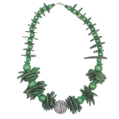Coconut shell and wood beaded necklace, 'Vibrant Meadow' - Green Coconut Shell and Wood Beaded Necklace from Ghana