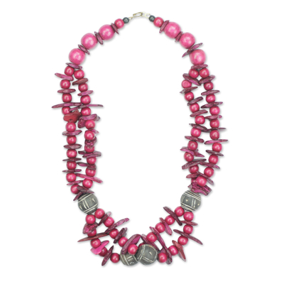 Halskette aus Keramik und Holzperlen - Rosa Perlenkette mit Keramikholz und Kokosnussschale