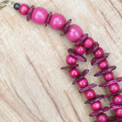 Ceramic and wood beaded necklace, 'Love and Understanding' - Pink Beaded Necklace with Ceramic Wood and Coconut Shell