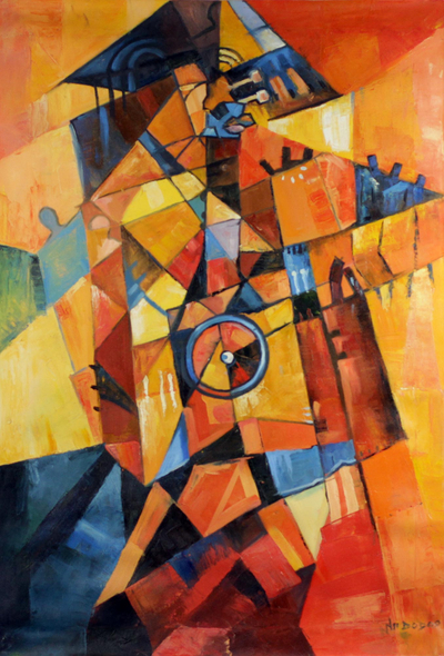 „Griot“. - Signierte Orange Abstrakte Malerei aus Ghana