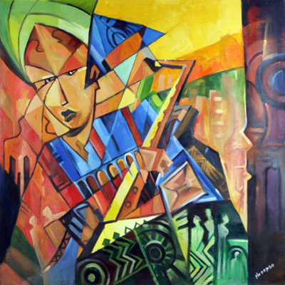 Spiel die Musik – Signiertes kubistisches Gemälde eines Musikers aus Ghana