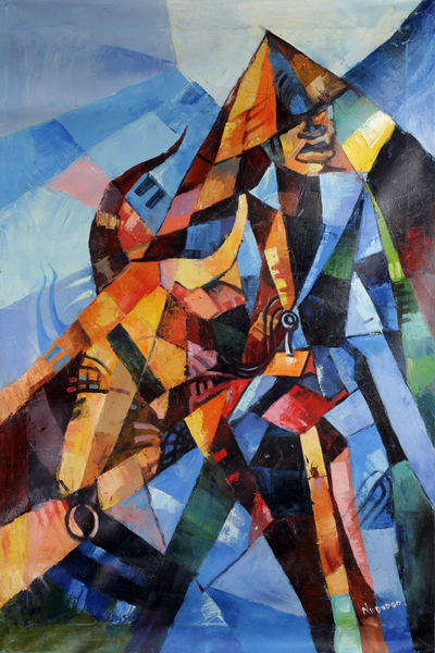 'Alidu and His Cow' - Signed Cubist Painting of a Man and a Cow from Ghana