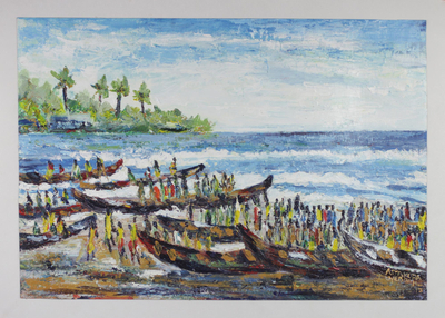 'Local Fishing' - Signed Impressionist Seascape Painting from Ghana