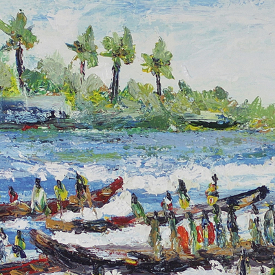 „Lokale Fischerei“. - Signierte impressionistische Meereslandschaftsmalerei aus Ghana