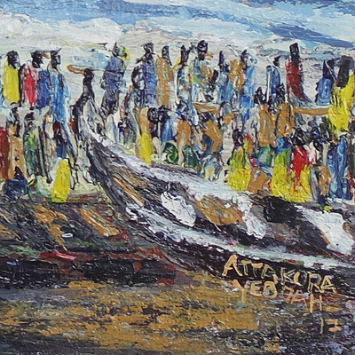 „Lokale Fischerei“. - Signierte impressionistische Meereslandschaftsmalerei aus Ghana
