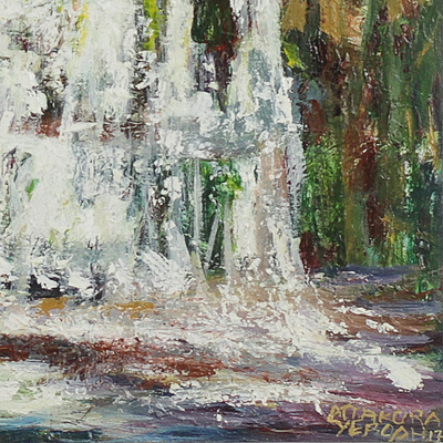 'Waterfalls' - Signed Impressionist Waterfall Painting from Ghana