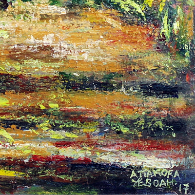 'Morning Ride' - Signed Impressionist Nature-Themed Painting from Ghana
