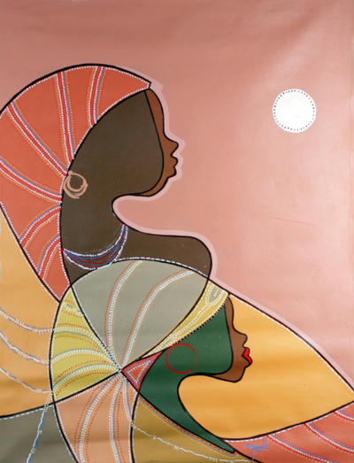 'Sisters Reflection' - Signed Cubist Painting of Two Sisters from Ghana
