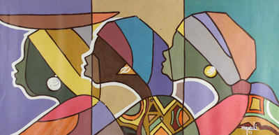 Signed Cubist Painting of Three Women from Ghana