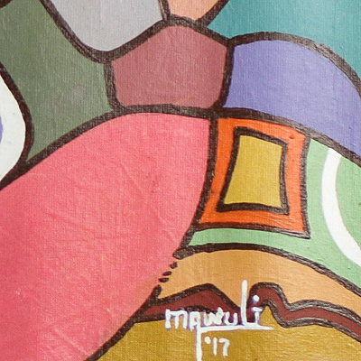 „Freunde zusammen“. - Signiertes kubistisches Gemälde von drei Frauen aus Ghana